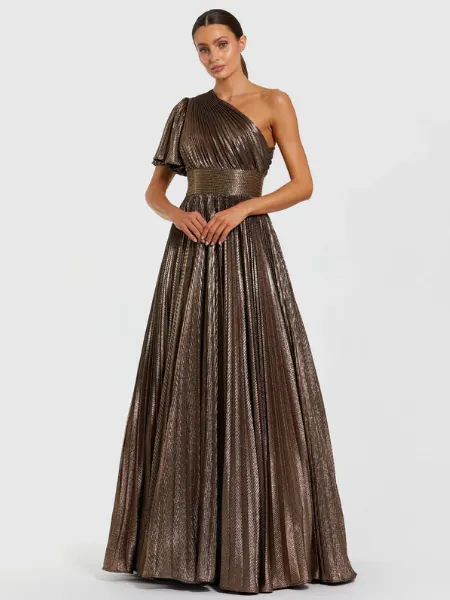 Brown One Shoulder Pleated Metallic Ball Gown